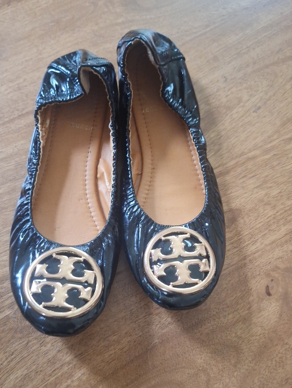 Tory Burch Black Patent Ballet Flats with Gold Logo